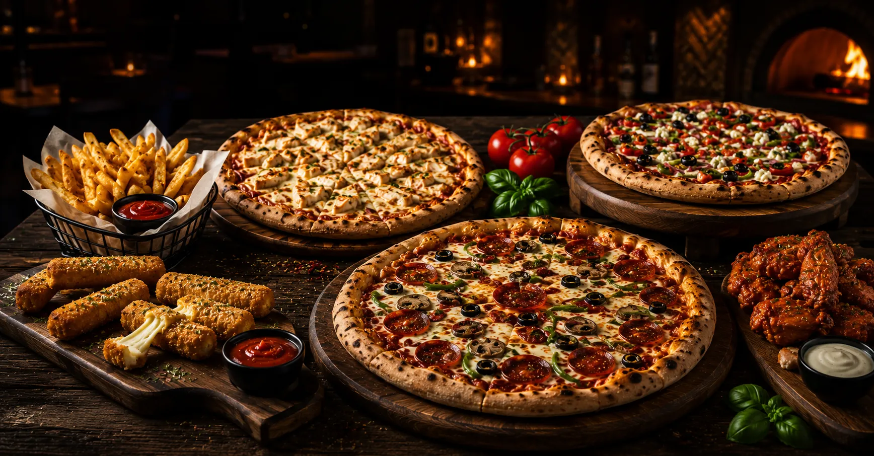 Assorted freshly baked pizzas at Pizza On 66 Mill Woods Edmonton